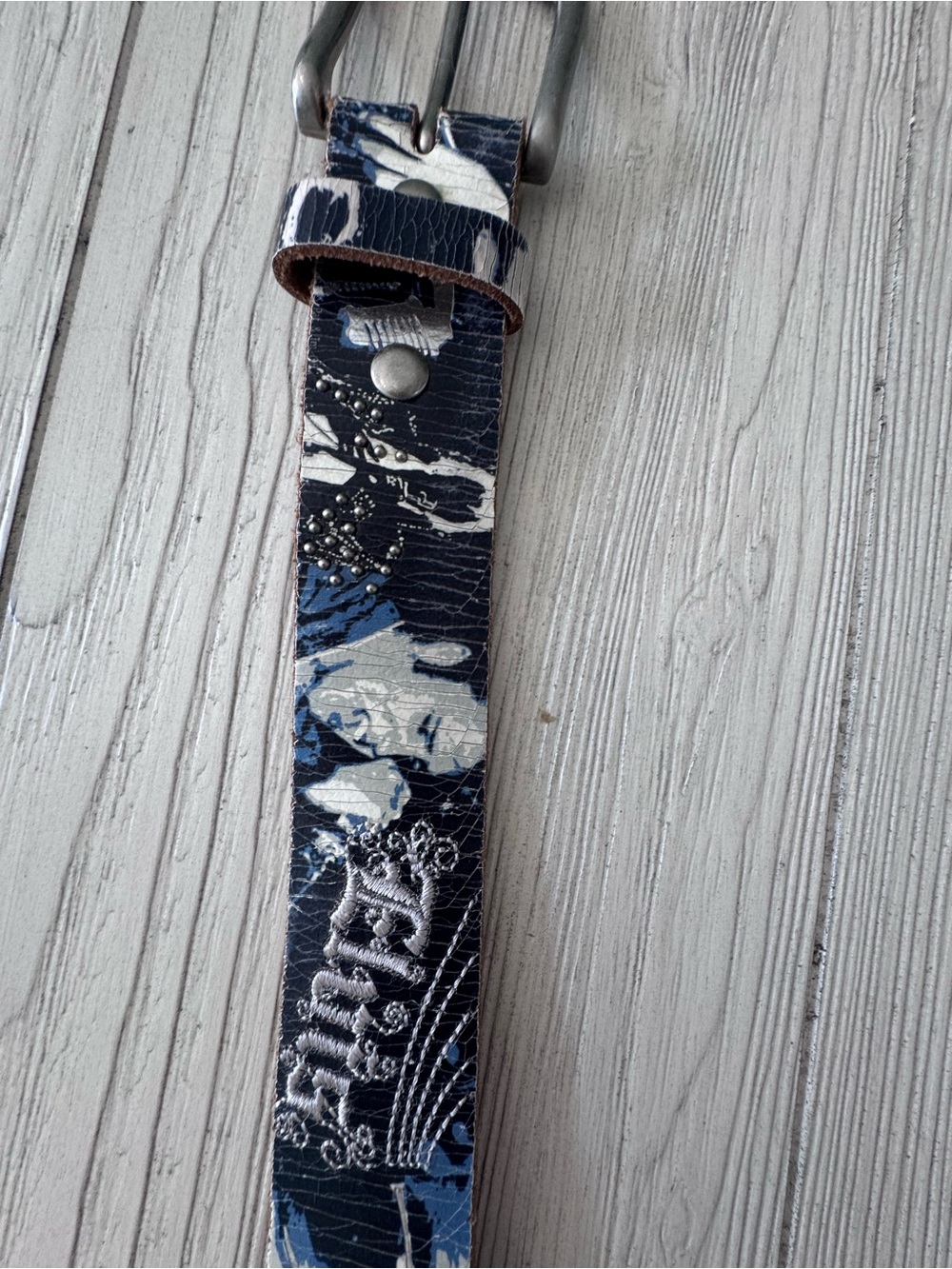 Elvis Blue Patterned Leather Belt with Embroidered Detail